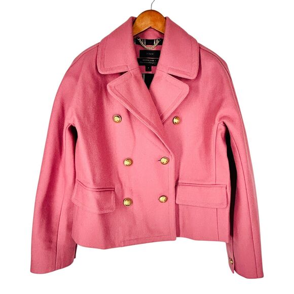 NEW J Crew 8 Melton Wool Blend Jacket Pink Crop Lined Gold Crest Buttons ITALY - Picture 2 of 8